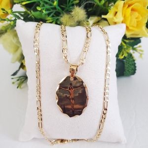 Jesus Oval Colored Gold Plated Necklace